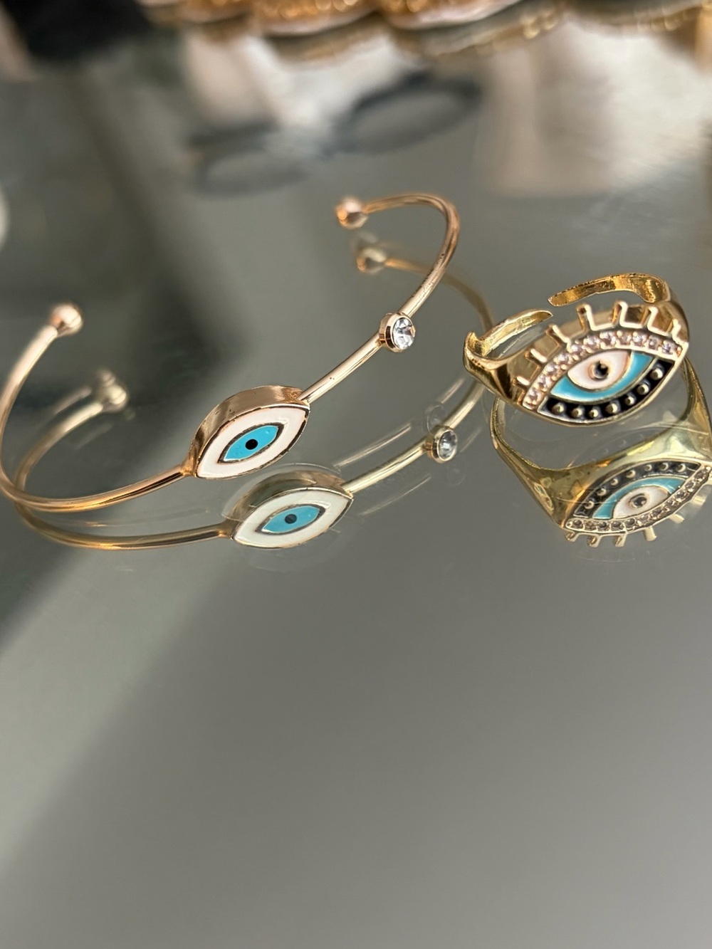 New Gold Tone Blue Evil Eye Adjustable Cuff and Ring Set